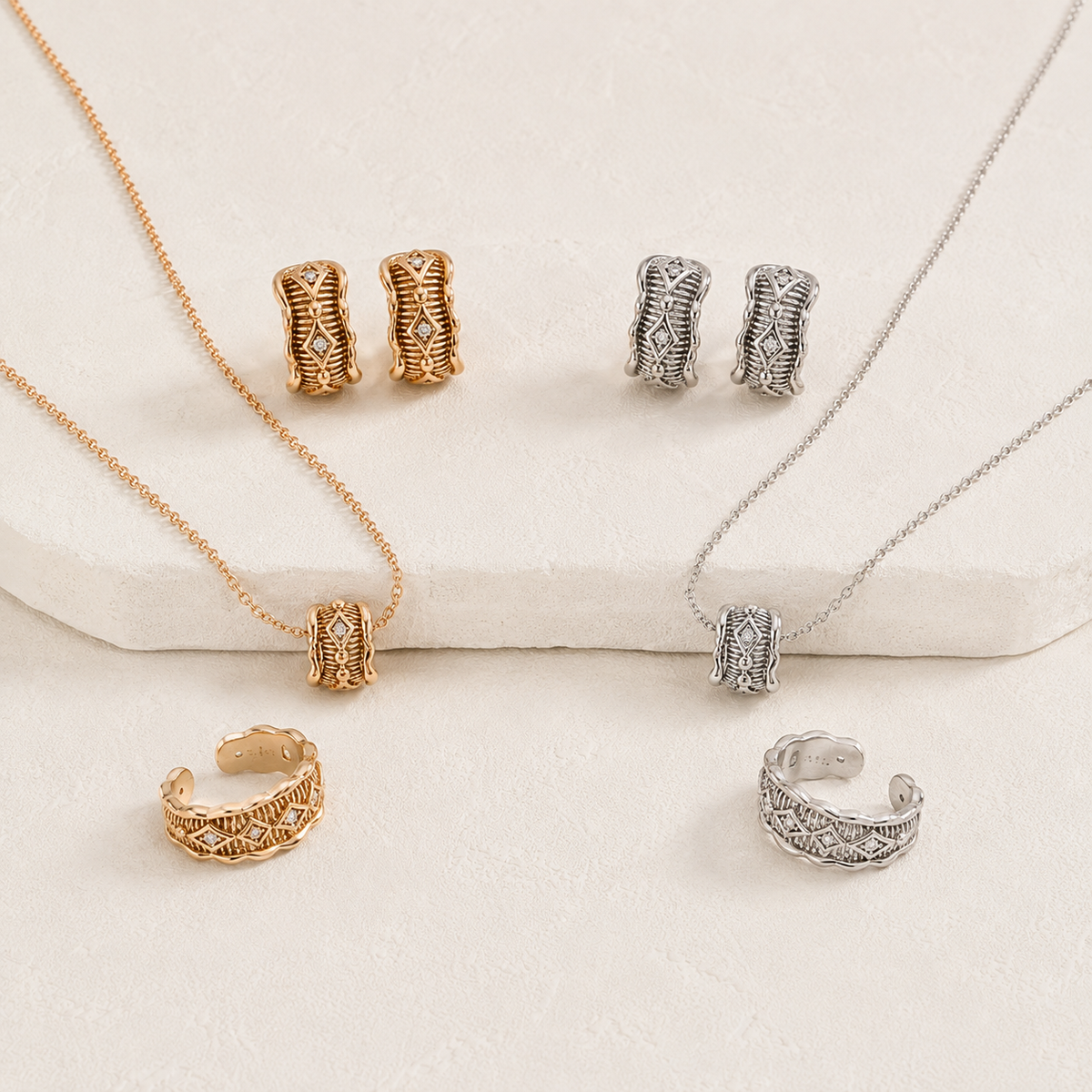 Vintage Gold and Silver zircon jewelry sets with matching ring, pendant necklace, and stud earrings