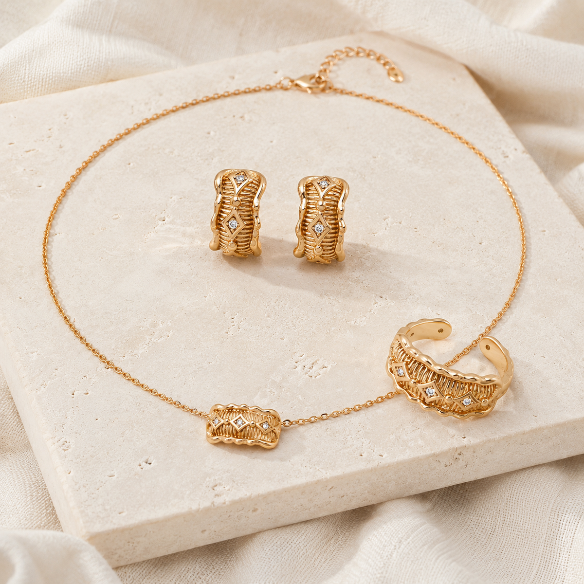 Vintage Gold zircon jewelry set arranged with ring, pendant necklace, and stud earrings