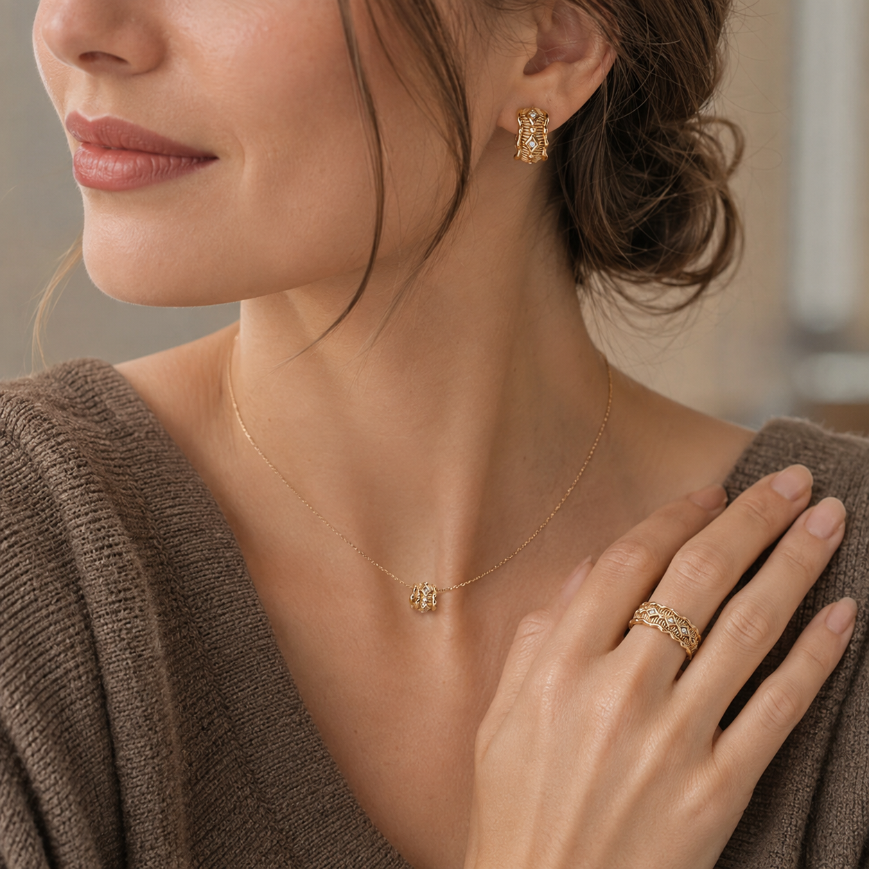 Close view of model wearing the Vintage Gold zircon jewelry set