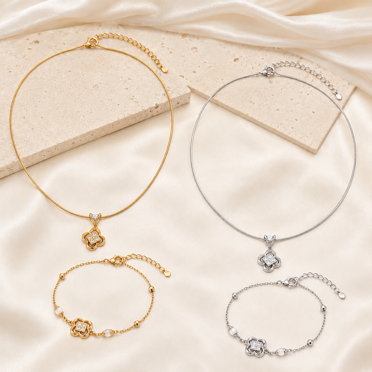 Vintage Gold and Silver clover necklace and bracelet jewelry sets