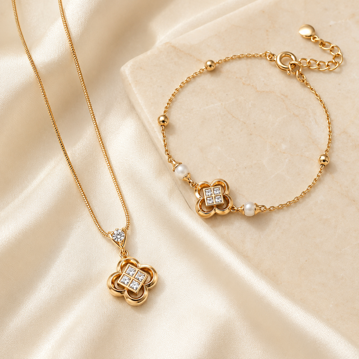 Close view of Vintage Gold clover necklace and bracelet jewelry set