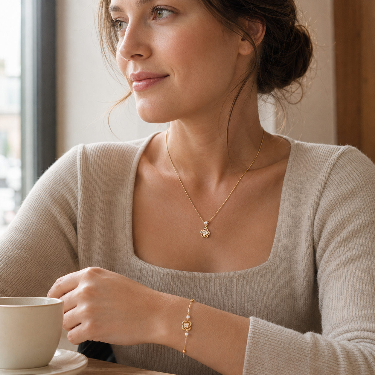 Model wearing Vintage Gold clover necklace and bracelet jewelry set
