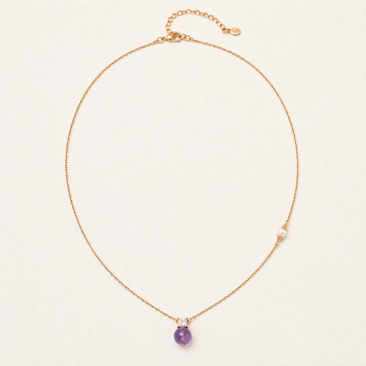Full view of the adjustable Vintage Gold Amethyst and Pearl Necklace
