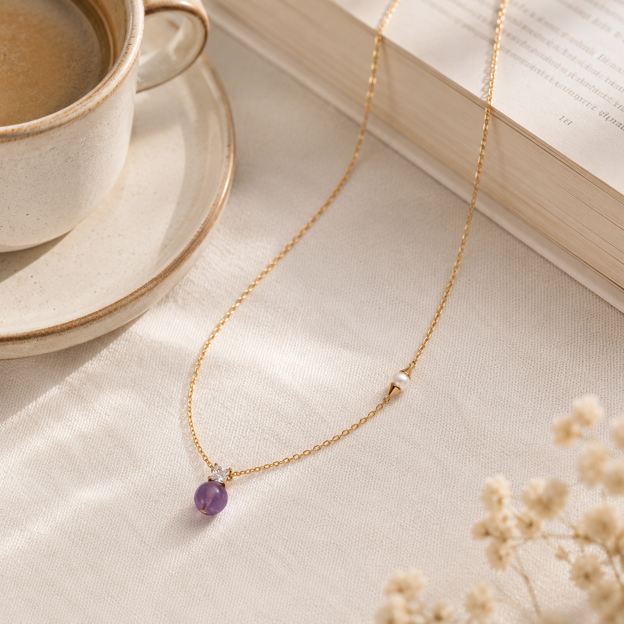 Amethyst and pearl pendant necklace styled beside a book and coffee cup