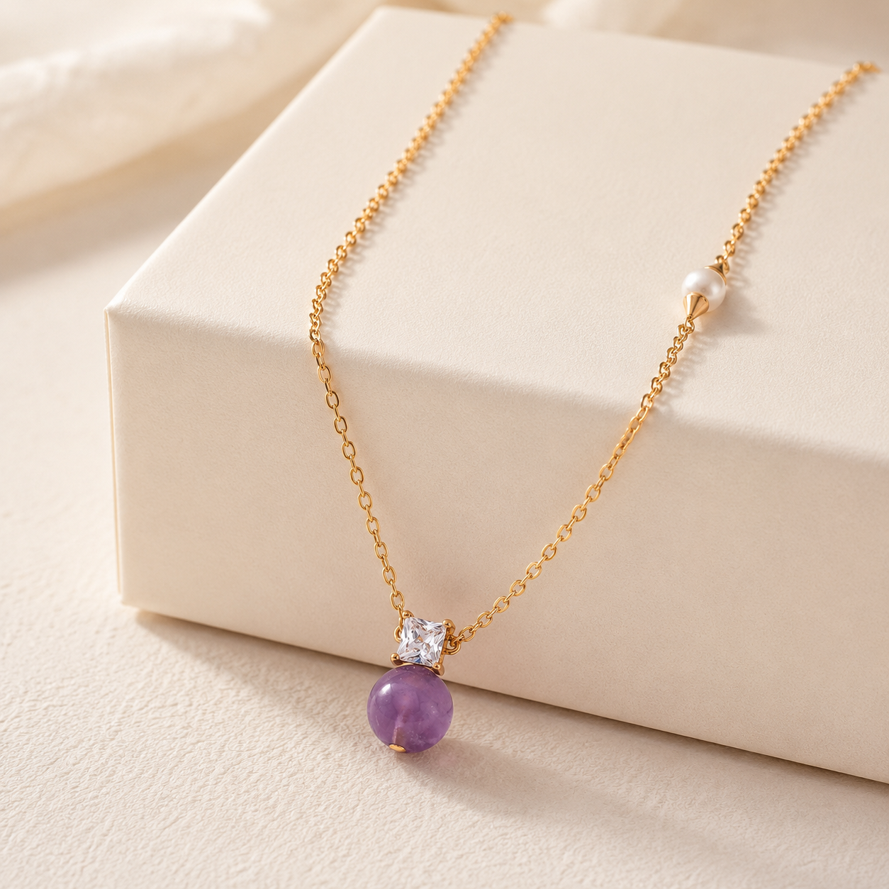 Close product view of the Amethyst and Pearl Necklace on an ivory display