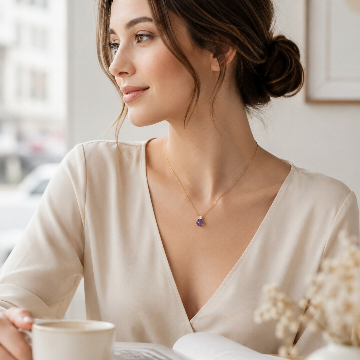 Model wearing the Vintage Gold Amethyst and Pearl Necklace for an office look