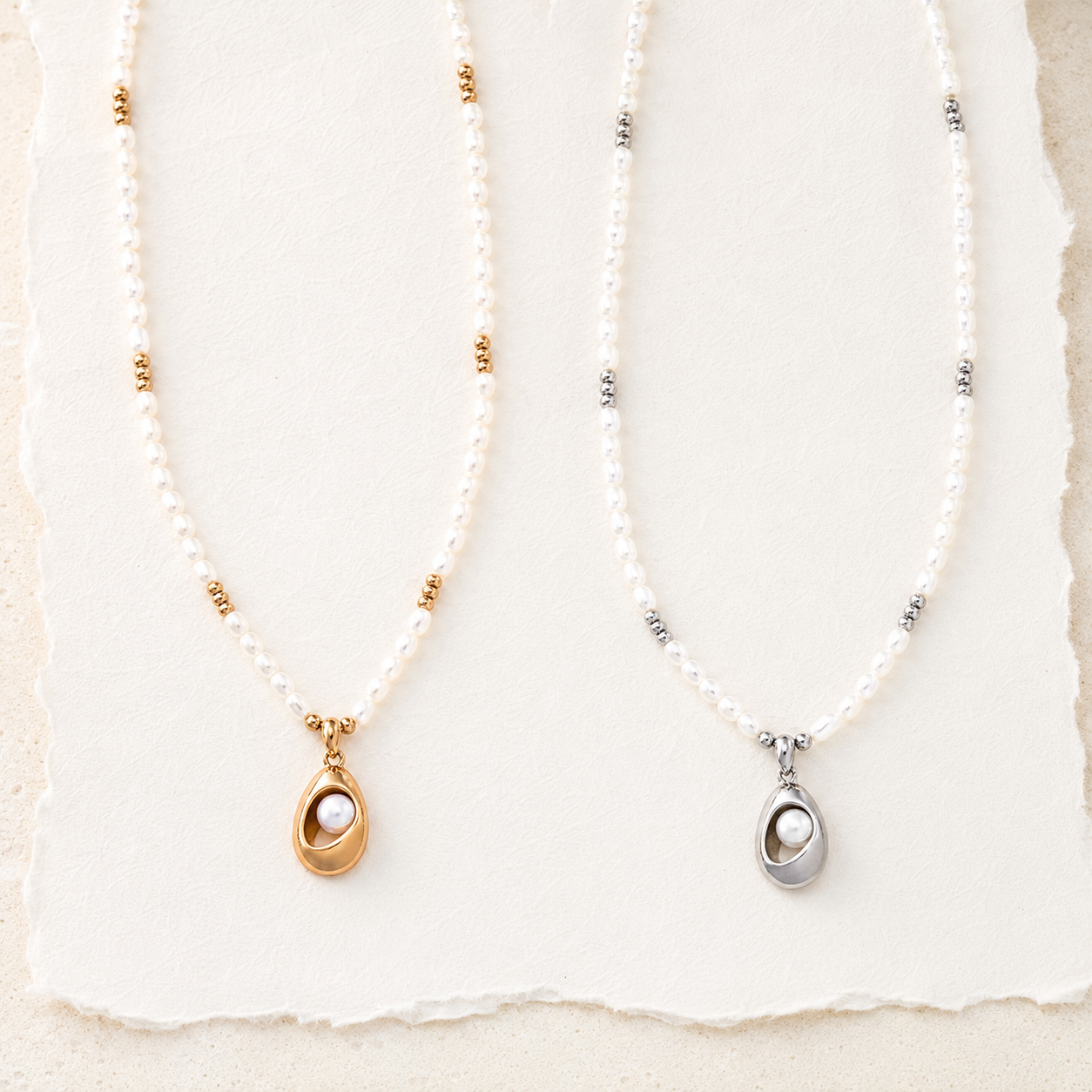 Vintage Gold and Silver natural pearl pendant necklaces flat lay