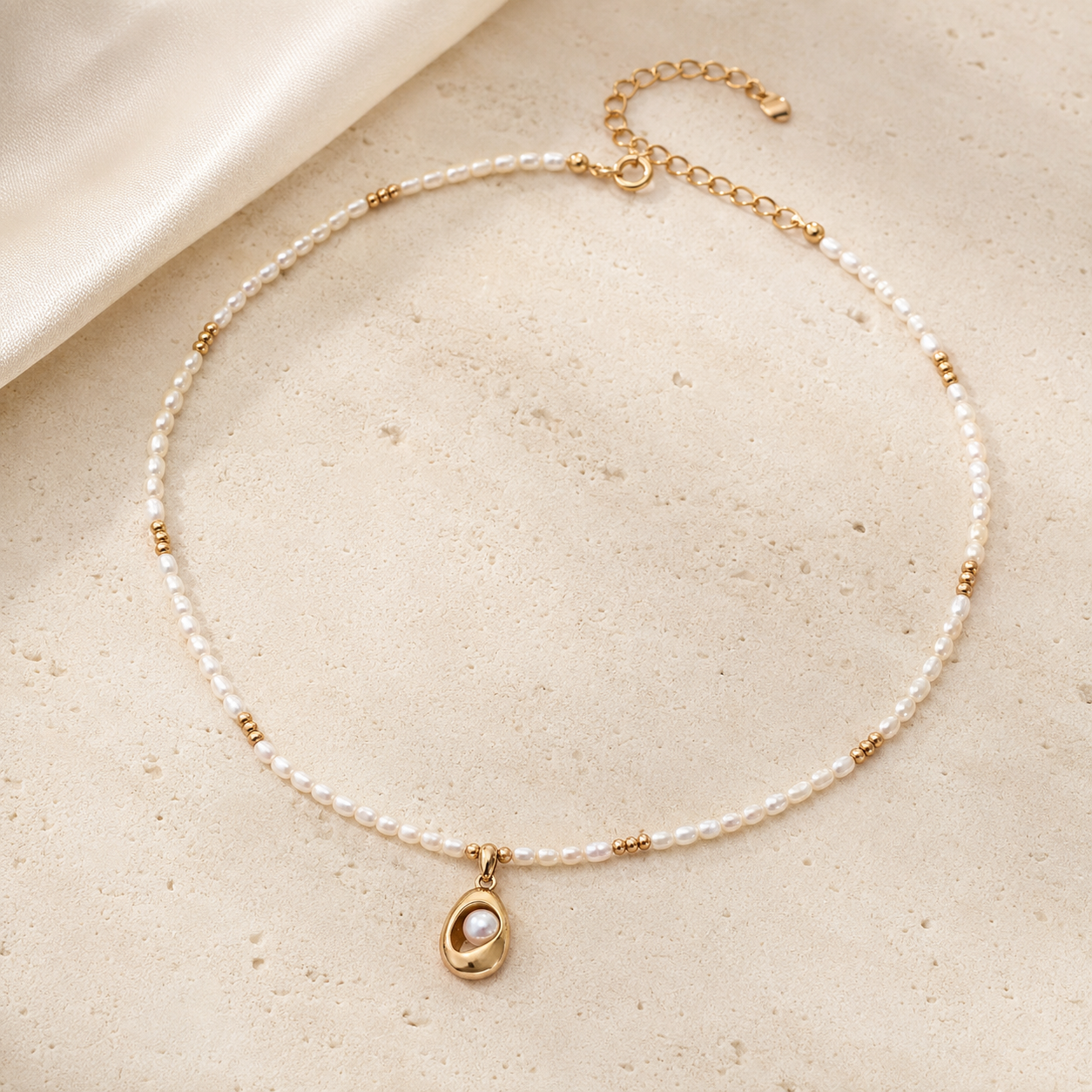 Vintage Gold natural pearl pendant necklace flat lay