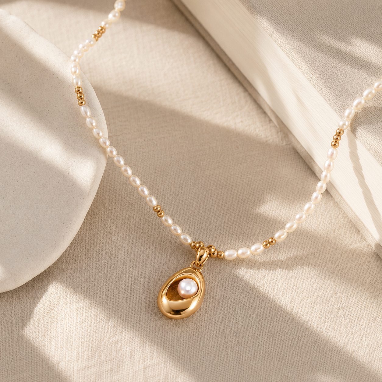 Vintage Gold natural pearl pendant necklace on a textile display