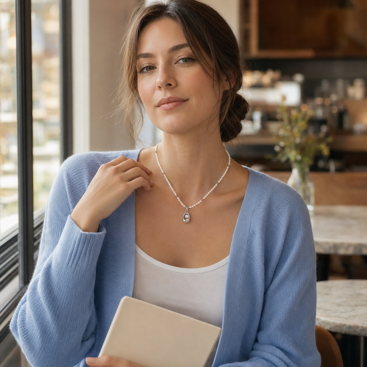 Model wearing Silver natural pearl pendant necklace