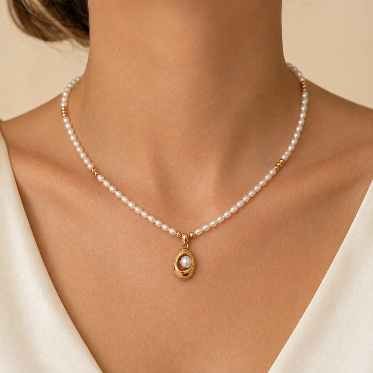 Close neckline view of Vintage Gold natural pearl pendant necklace