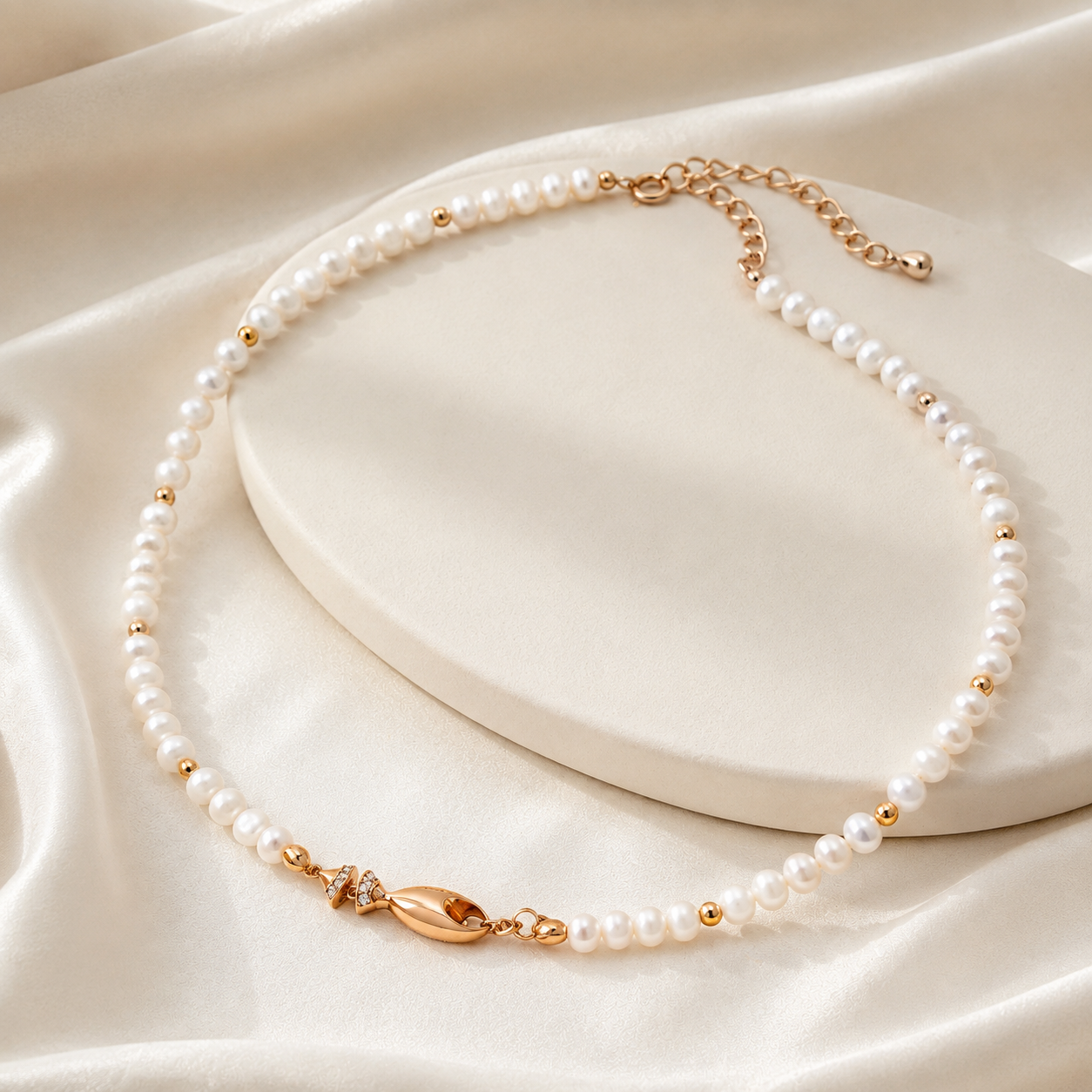 Vintage Gold natural pearl fish necklace on an ivory display