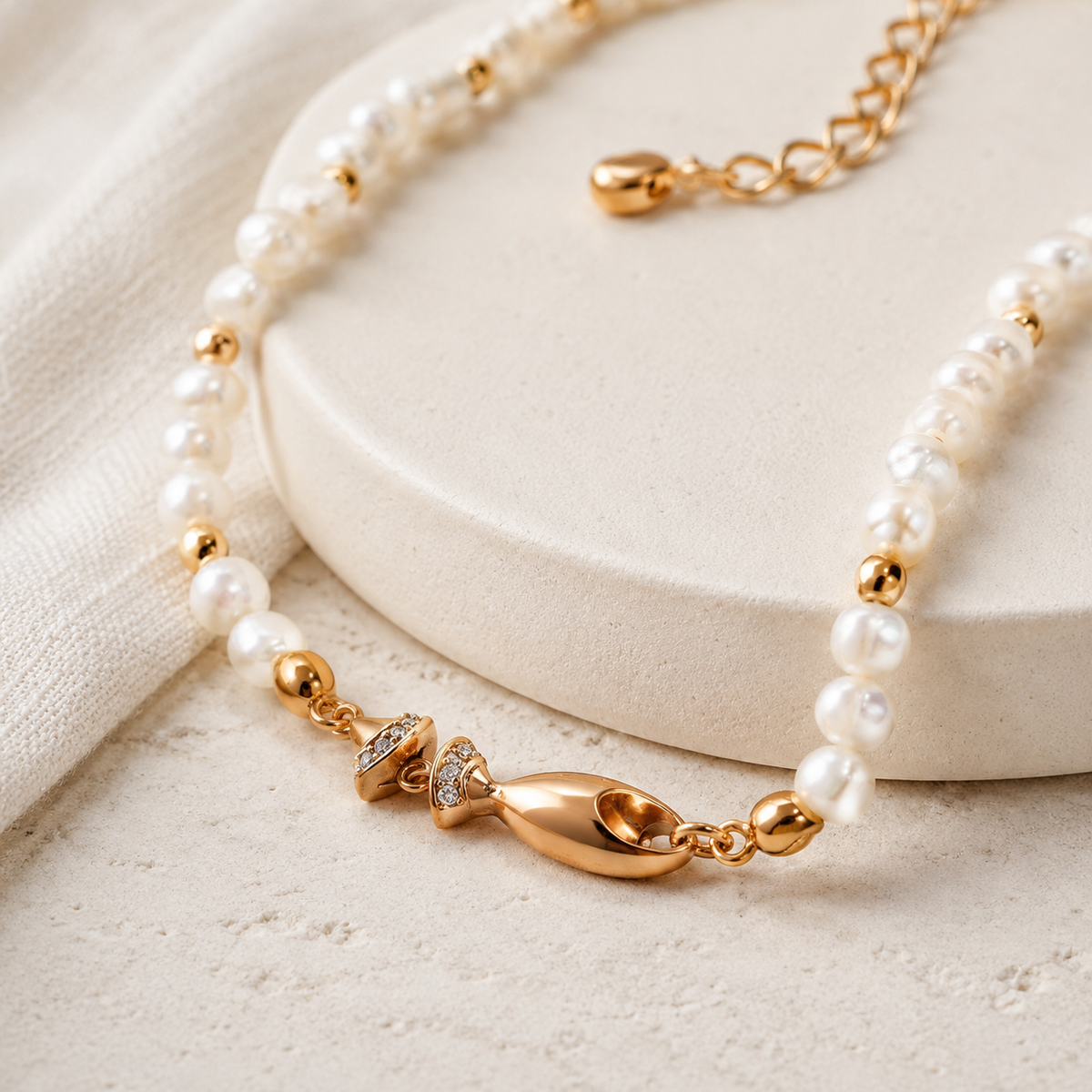 Close view of the Vintage Gold natural pearl fish necklace