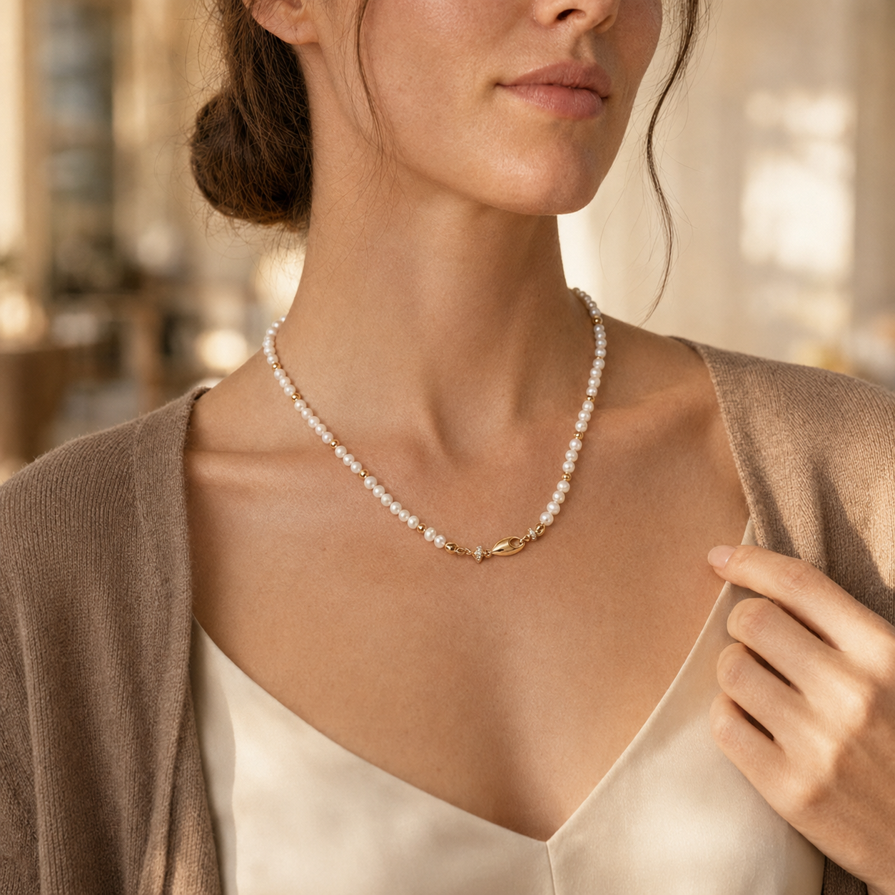 Close neckline view of a model wearing the Vintage Gold natural pearl fish necklace