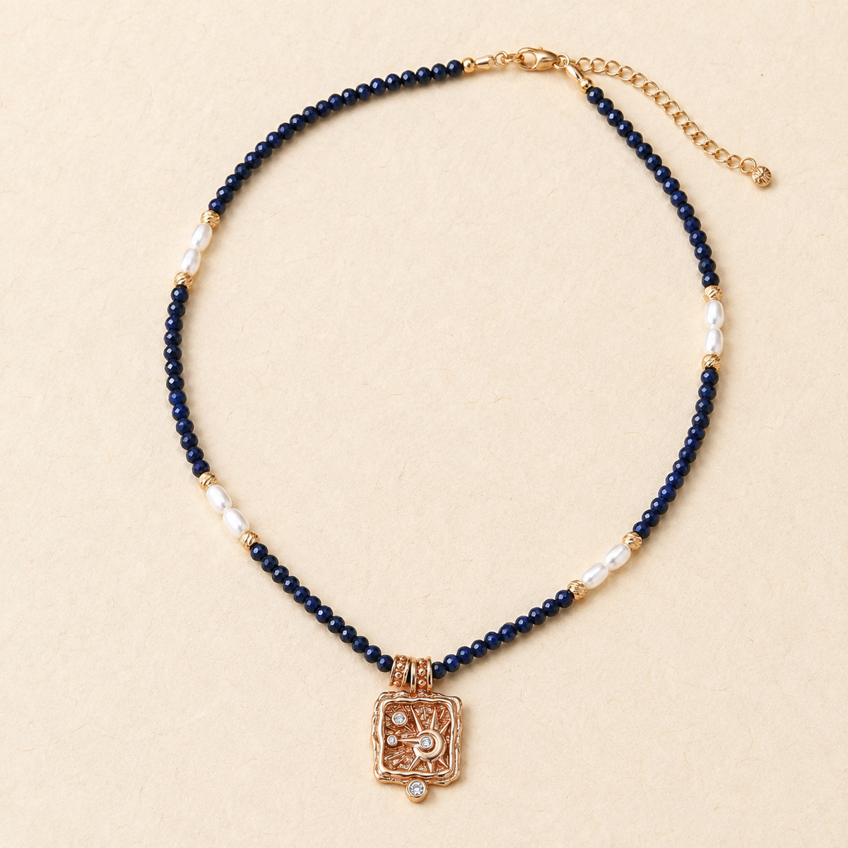 Full Vintage Gold Star Wish Lapis Pearl Necklace with adjustable extender chain