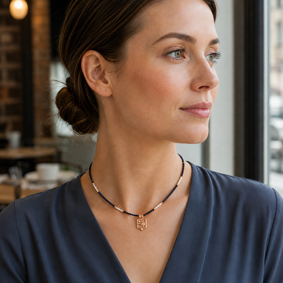 Model wearing the Vintage Gold Star Wish Lapis Pearl Necklace with a navy blouse