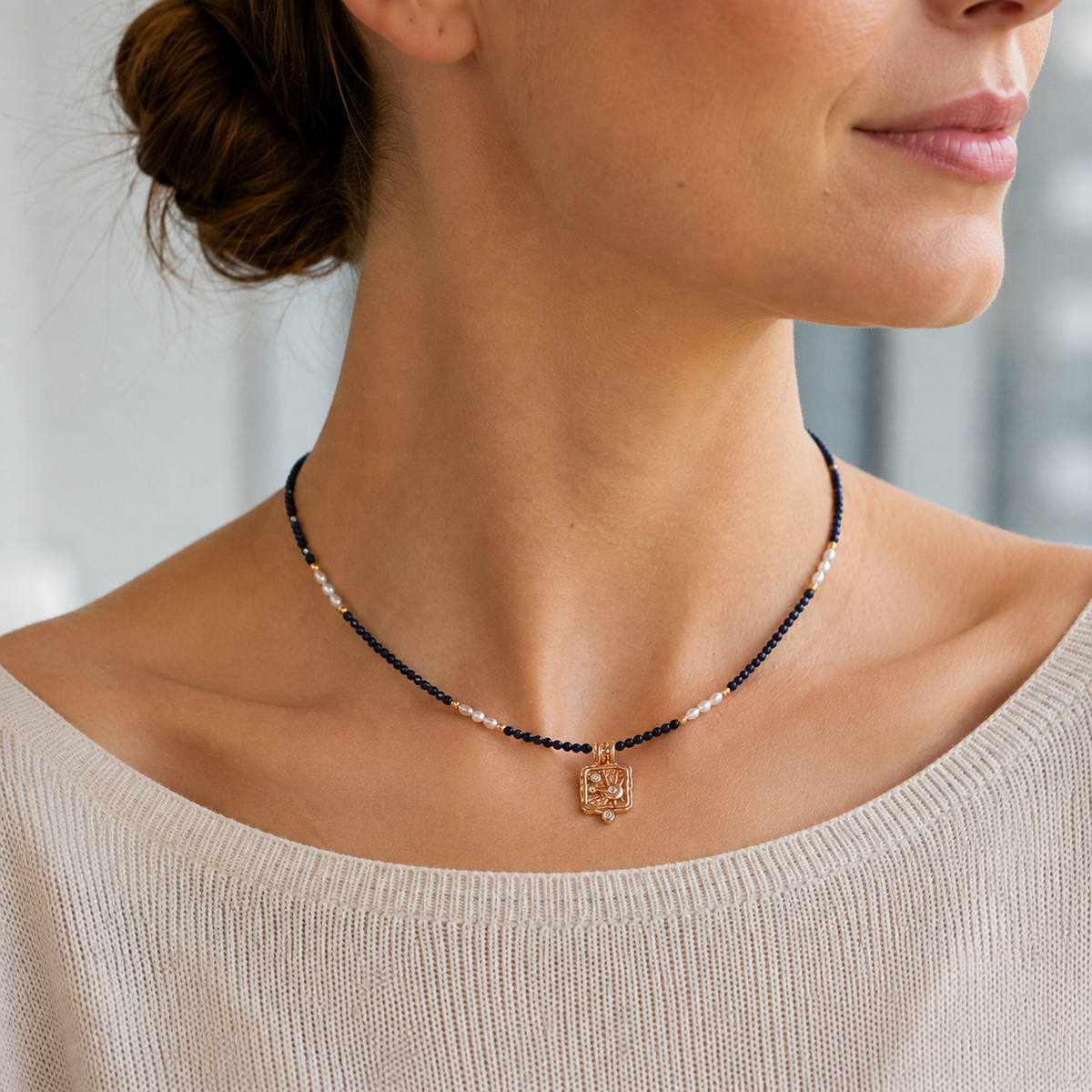 Close neckline view of the Vintage Gold Star Wish Lapis Pearl Necklace