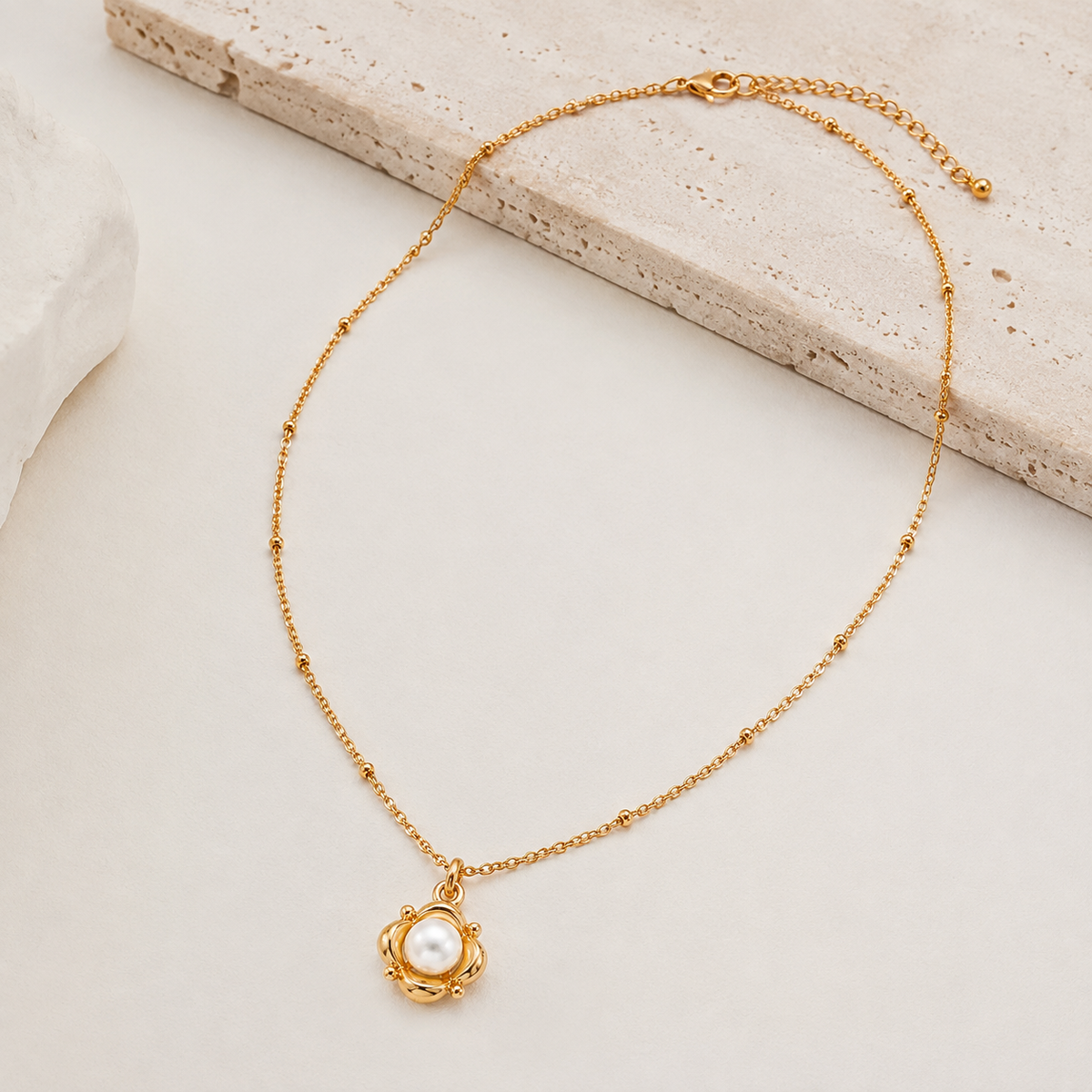 Full Vintage Gold Orbital Pearl Necklace with adjustable extender chain