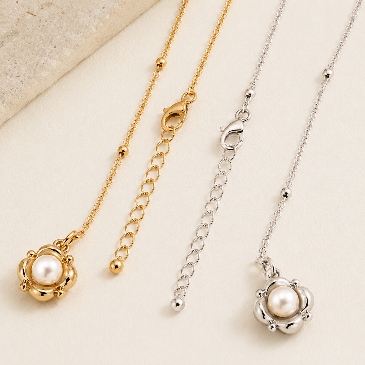 Vintage Gold and Silver Orbital Pearl Necklace clasp, extender, and pendant detail