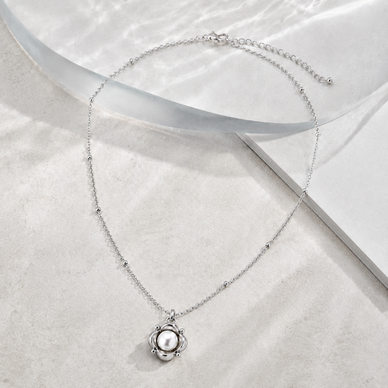 Full Silver Orbital Pearl Necklace with adjustable extender chain