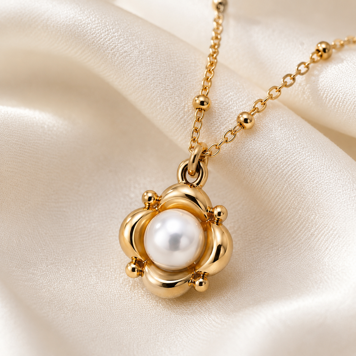 Close product view of the Vintage Gold orbital pendant with natural pearl