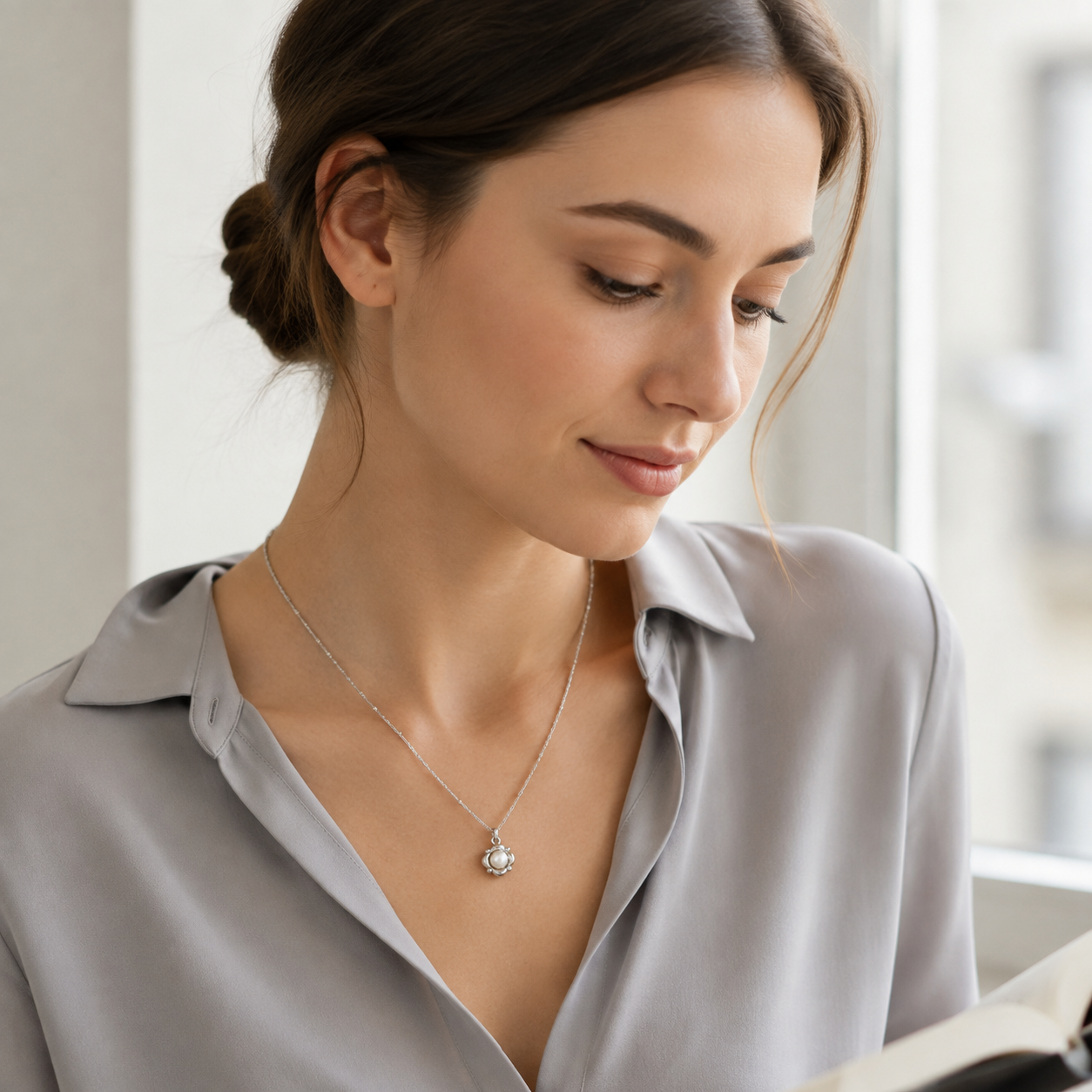 Model wearing the Silver Orbital Pearl Necklace with a grey satin blouse
