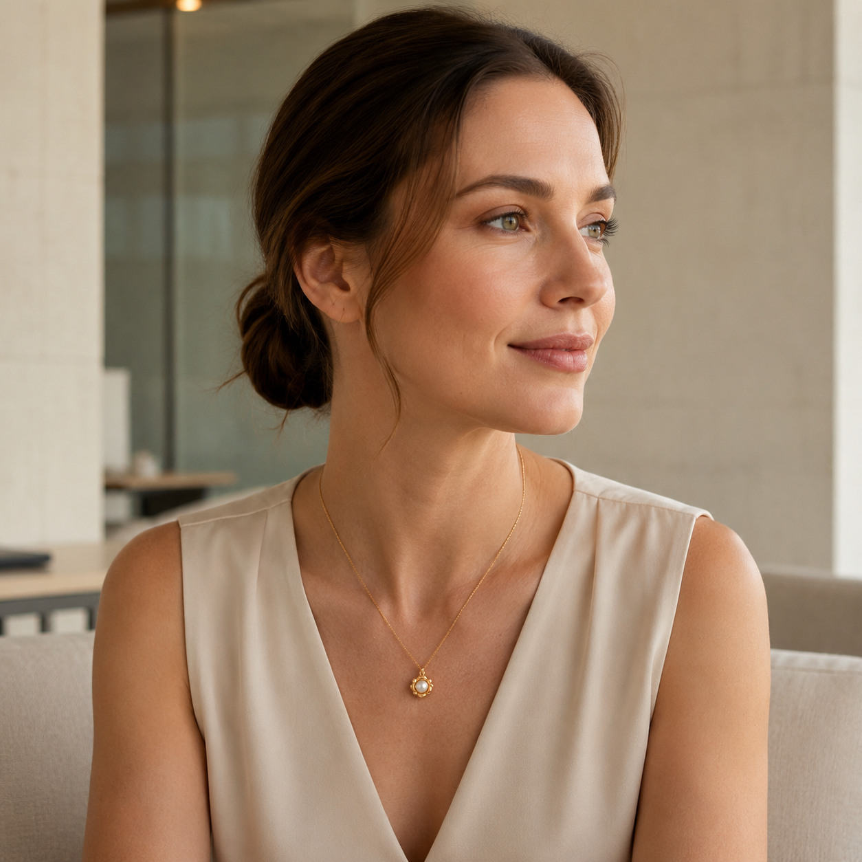 Model wearing the Vintage Gold Orbital Pearl Necklace with a cream sleeveless top