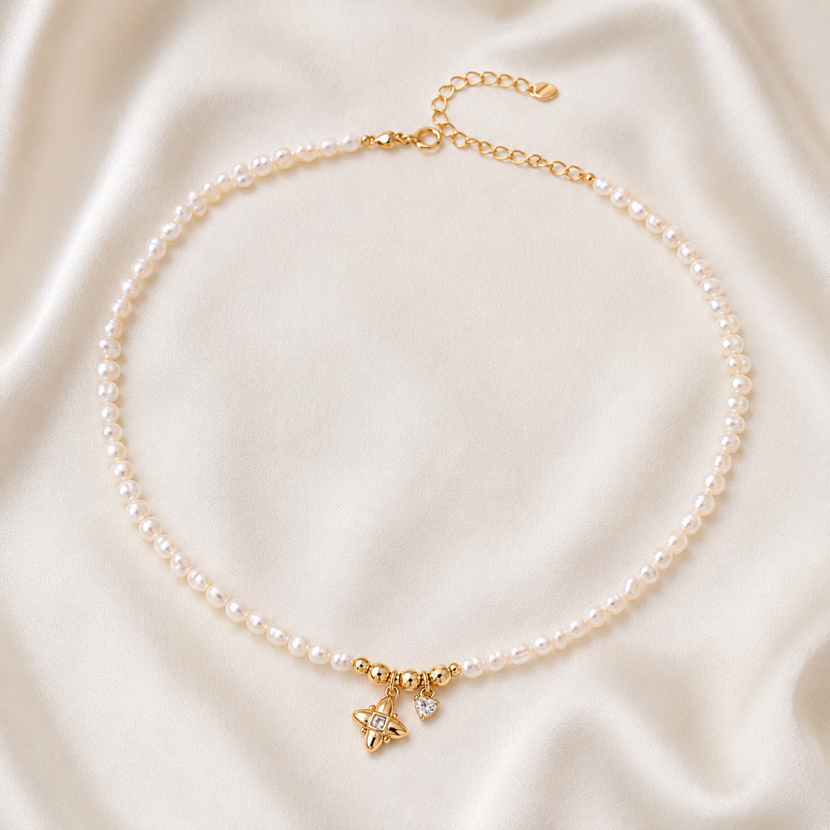 Full Vintage Gold celestial natural pearl charm necklace with adjustable extender
