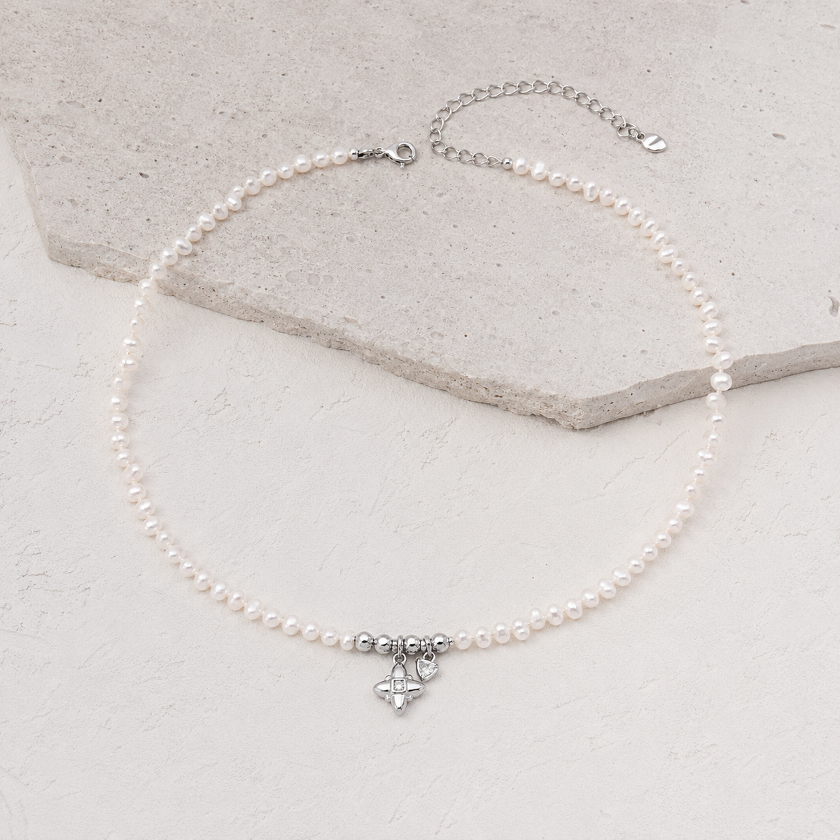 Full Silver celestial natural pearl charm necklace with adjustable extender
