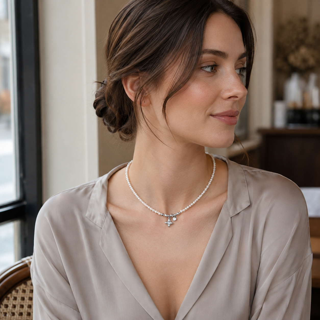 Model wearing Silver celestial natural pearl charm necklace