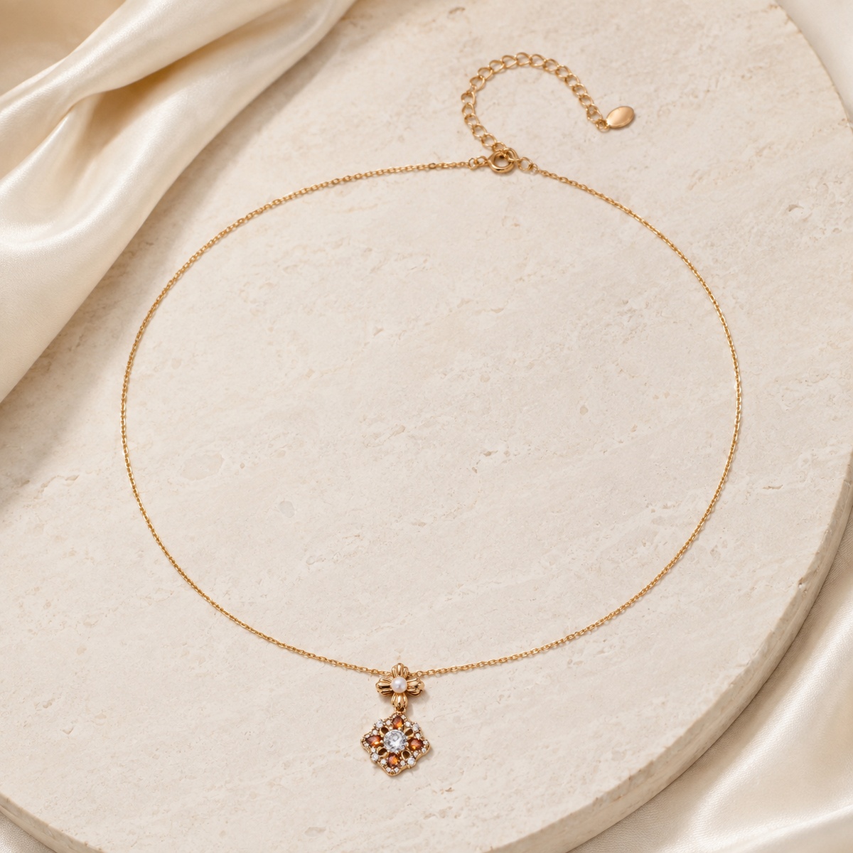 Full Vintage Gold auspicious bloom pearl pendant necklace with adjustable extender