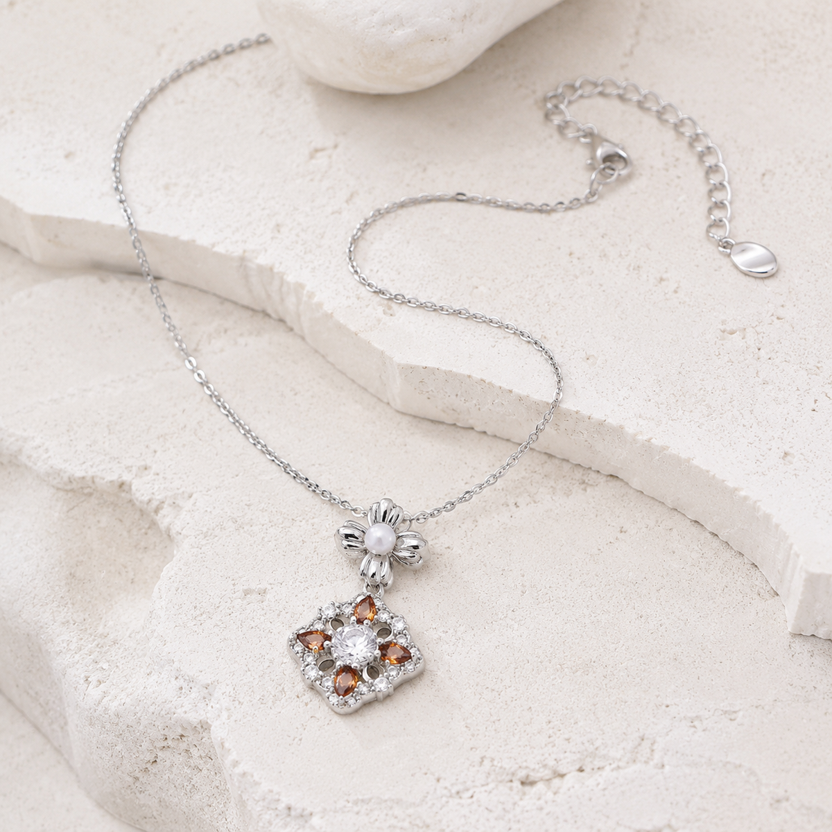 Full Silver auspicious bloom pearl pendant necklace with adjustable extender