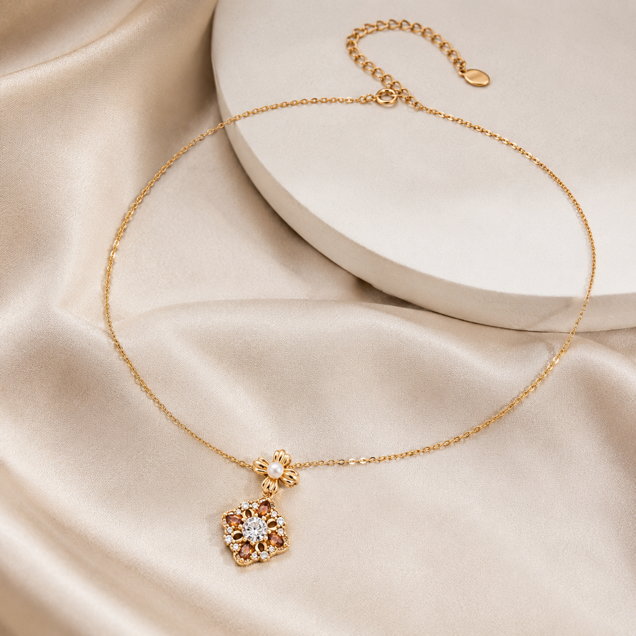 Vintage Gold auspicious bloom pearl pendant necklace on ivory silk
