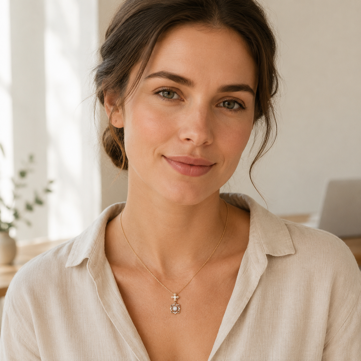 Model wearing the Vintage Gold auspicious bloom pearl pendant necklace