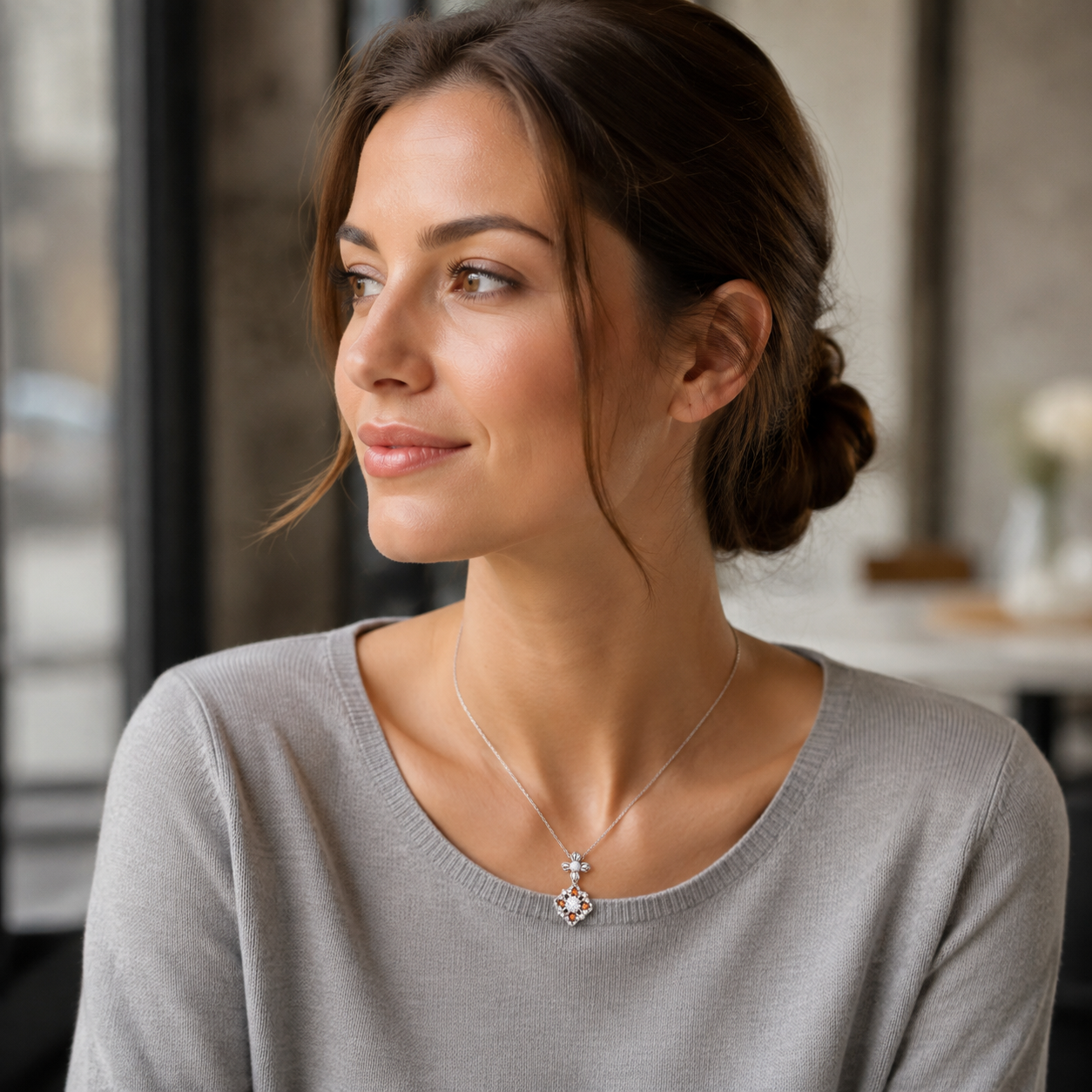 Model wearing the Silver auspicious bloom pearl pendant necklace
