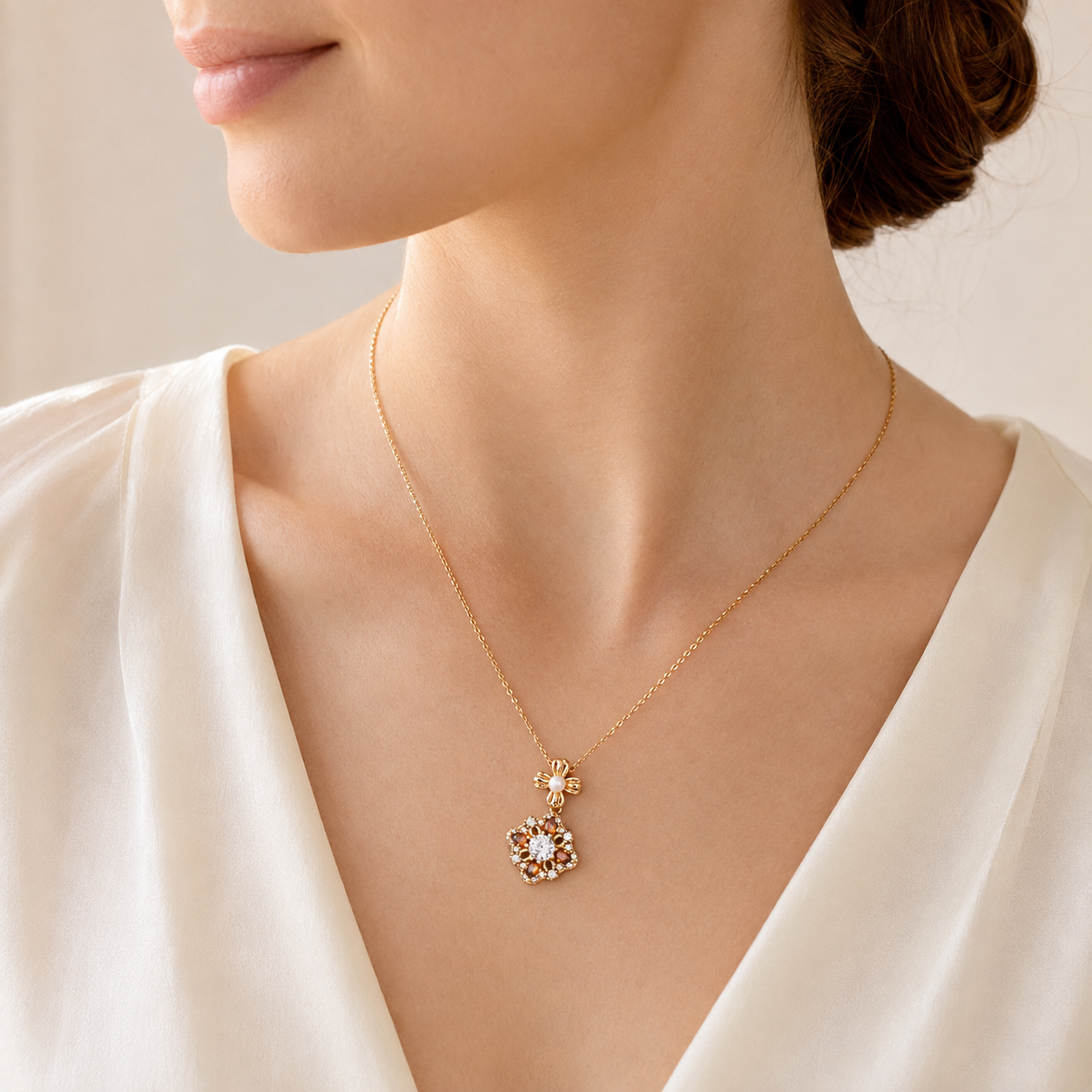 Close neckline view of the Vintage Gold auspicious bloom pearl pendant necklace
