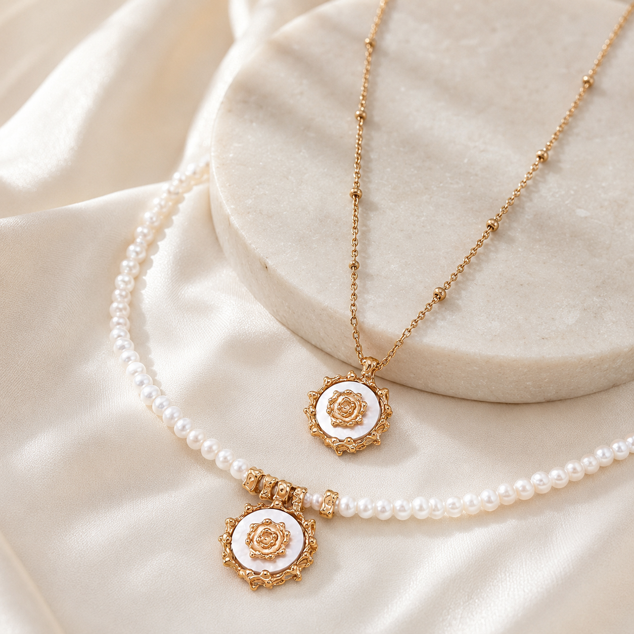 Vintage Gold mother-of-pearl sun necklaces in pearl and sterling silver chain styles