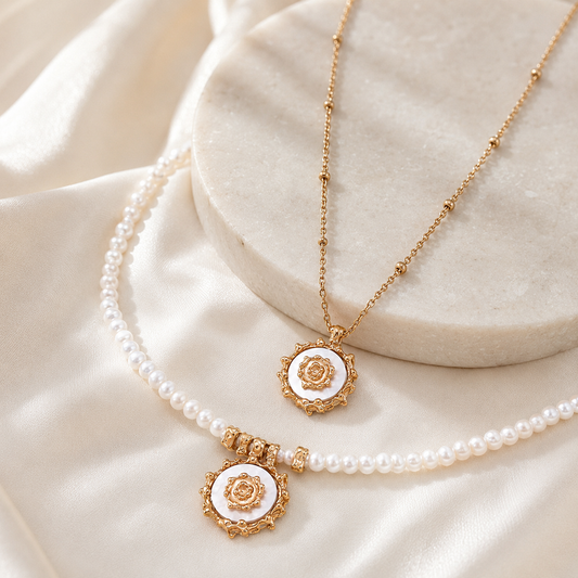 Vintage Gold mother-of-pearl sun necklaces in pearl and sterling silver chain styles