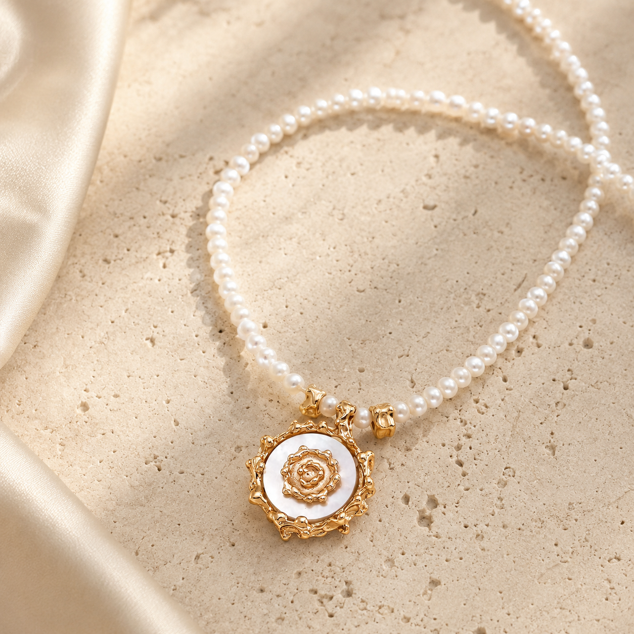 Vintage Gold mother-of-pearl sun pendant necklace with natural pearl strand