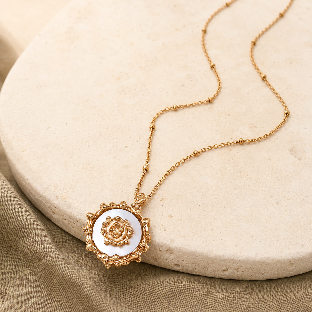 Vintage Gold mother-of-pearl sun pendant necklace with sterling silver chain