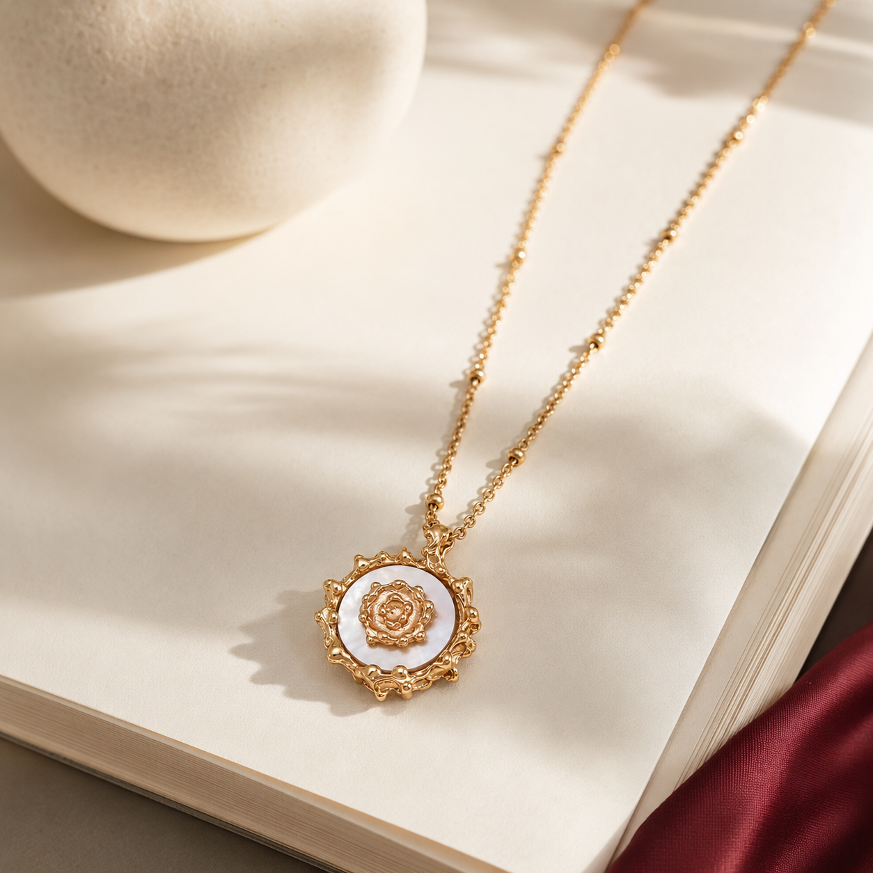 Vintage Gold mother-of-pearl sun pendant necklace styled on an open book