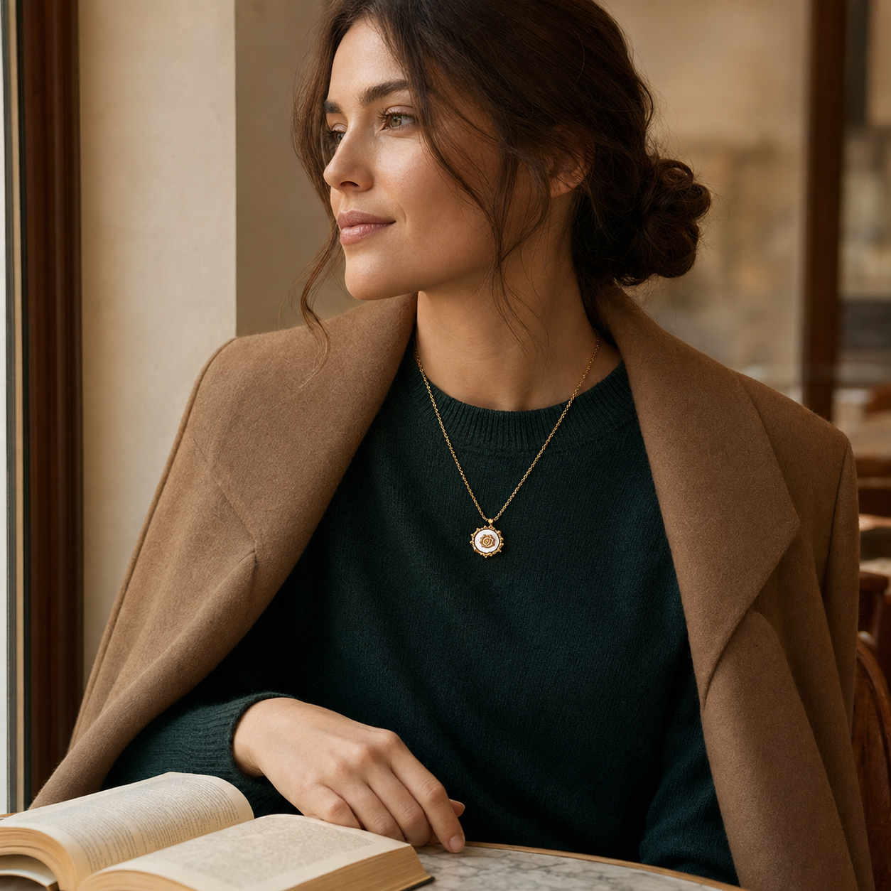 Model wearing the Vintage Gold mother-of-pearl sun pendant necklace with a dark green knit