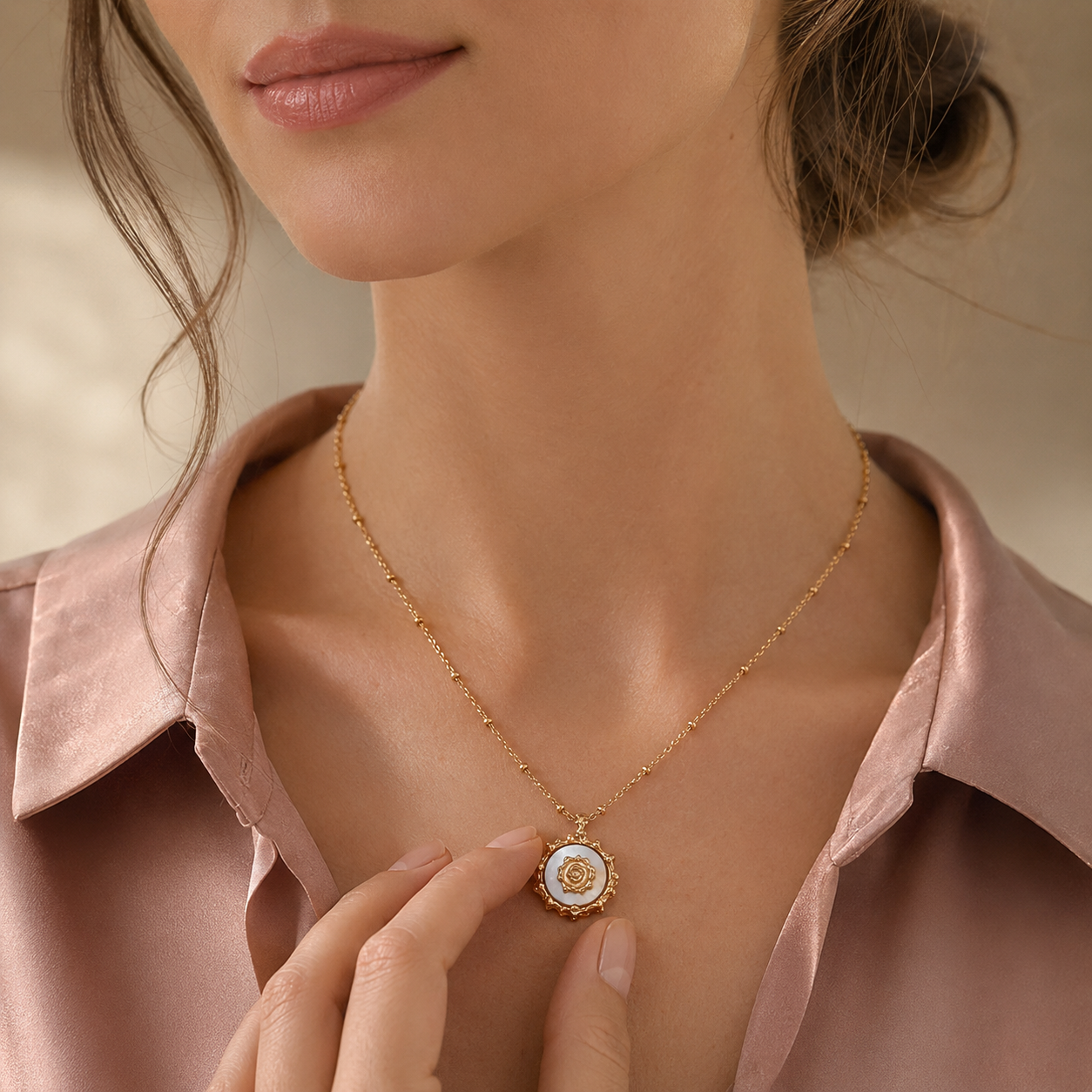 Close neckline view of the Vintage Gold mother-of-pearl sun pendant necklace