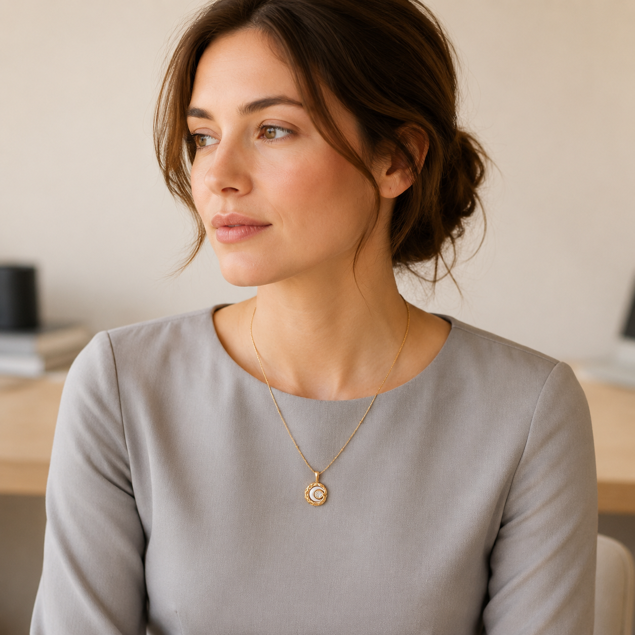 Model wearing the Vintage Gold mother-of-pearl moon pendant necklace with an office outfit