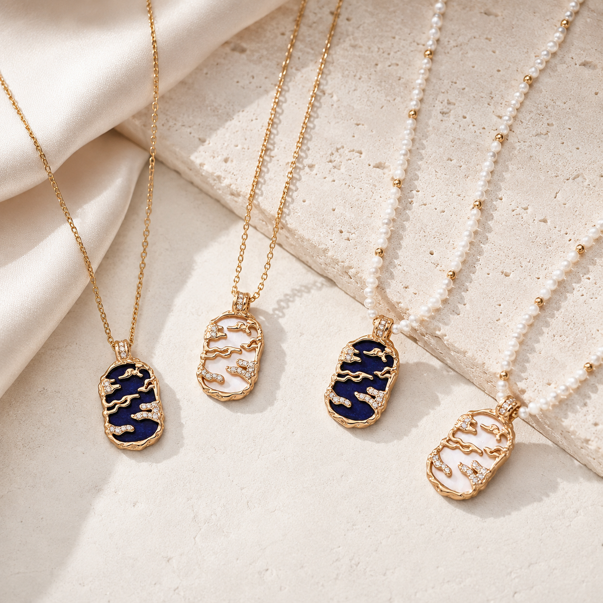 Mother-of-pearl and lapis lazuli pendant necklaces in sterling silver chain and natural pearl strand styles
