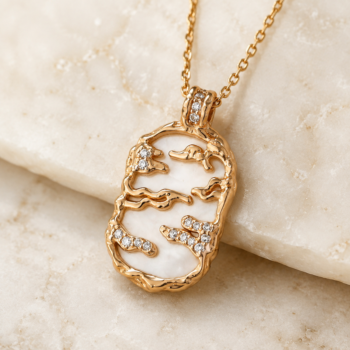 Vintage Gold mother-of-pearl pendant necklace with a sterling silver chain