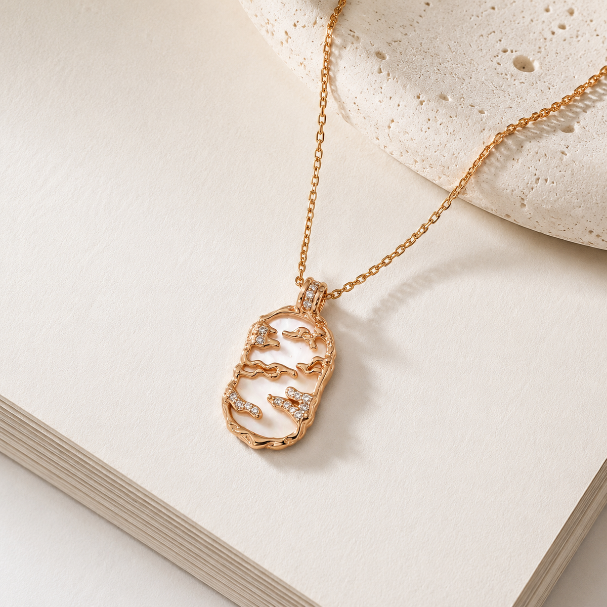 Full view of the Vintage Gold mother-of-pearl pendant necklace with a sterling silver chain