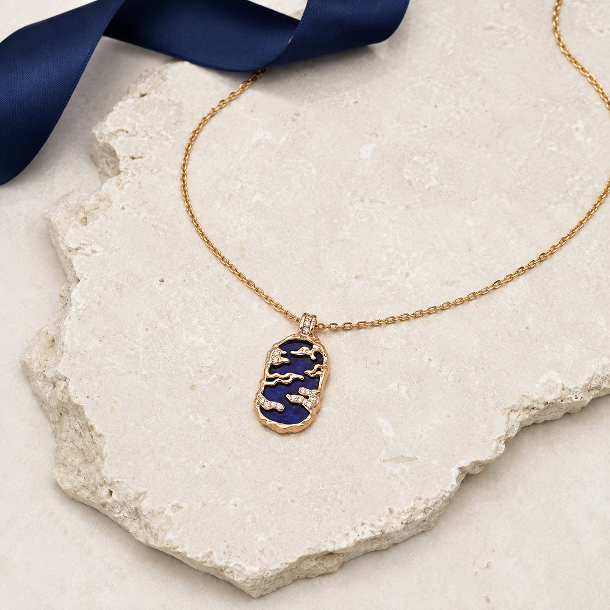 Full view of the Vintage Gold lapis lazuli pendant necklace with a sterling silver chain