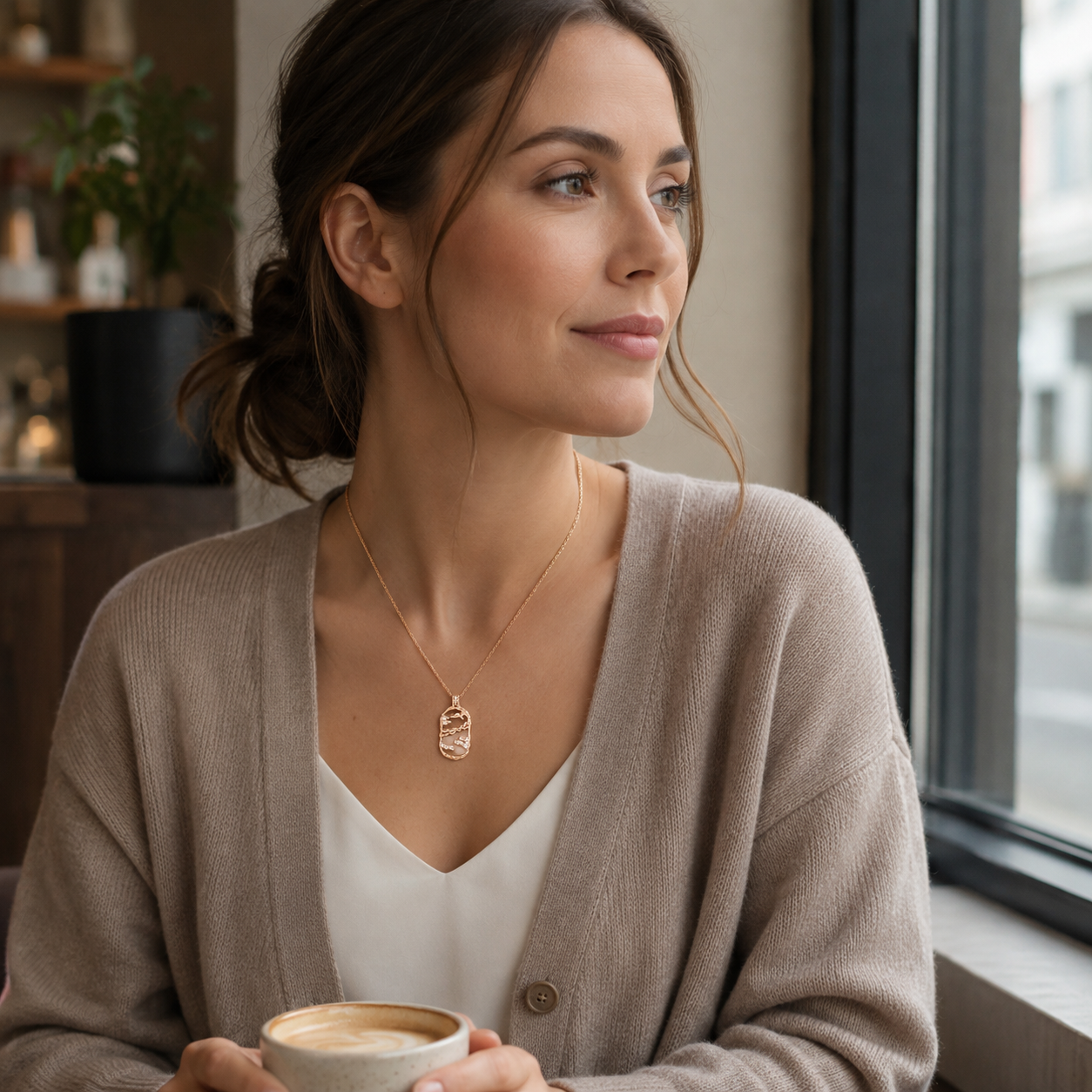 Model wearing the Vintage Gold mother-of-pearl pendant necklace with a sterling silver chain