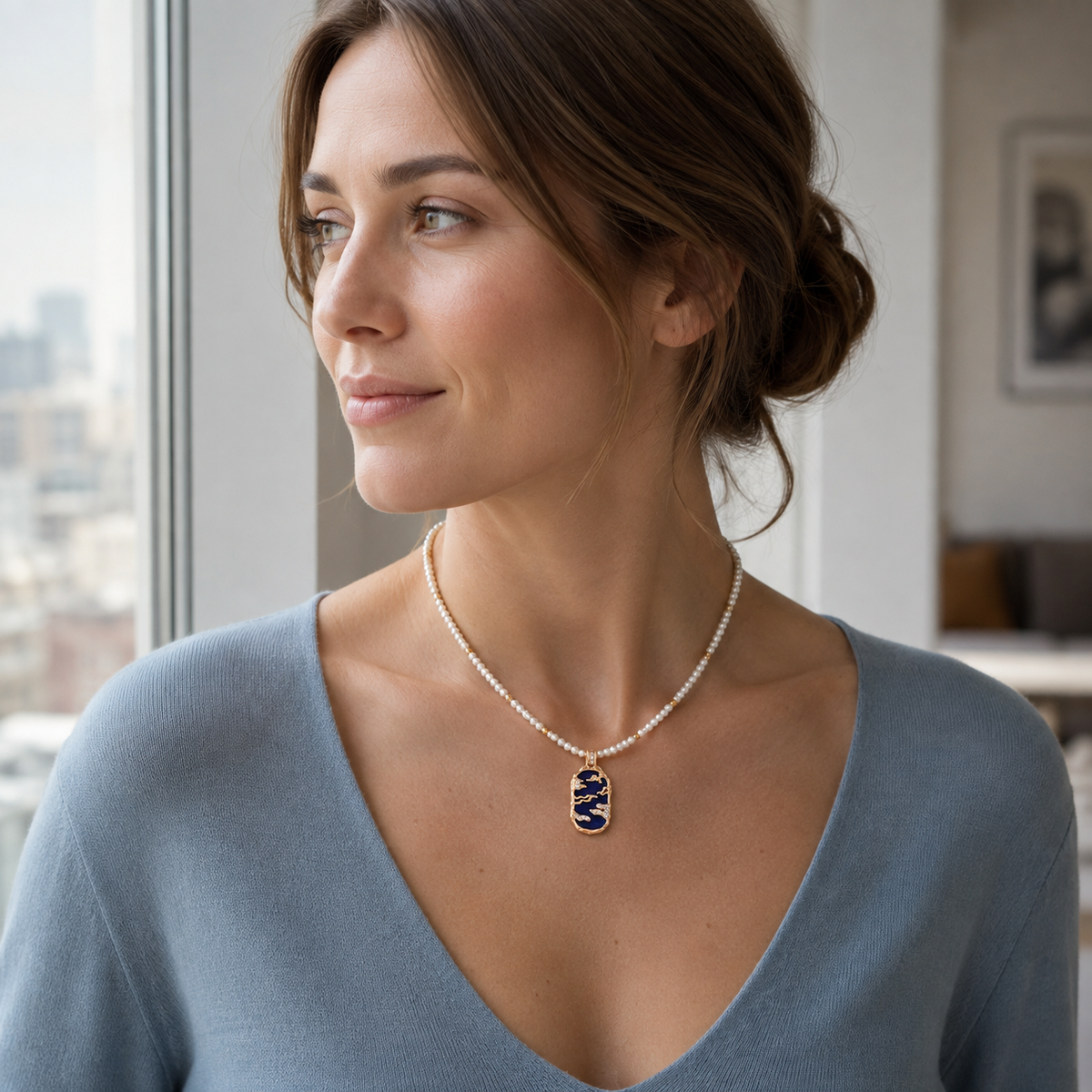 Model wearing the Vintage Gold lapis lazuli pendant necklace with a natural pearl strand